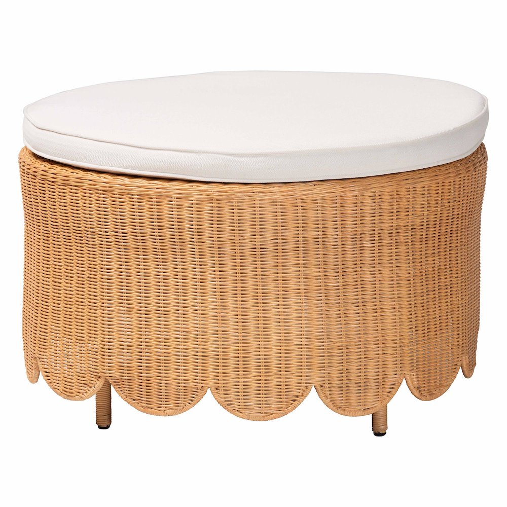 Teresa Bohemian Light Honey Scalloped Rattan Ottoman. Picture 1