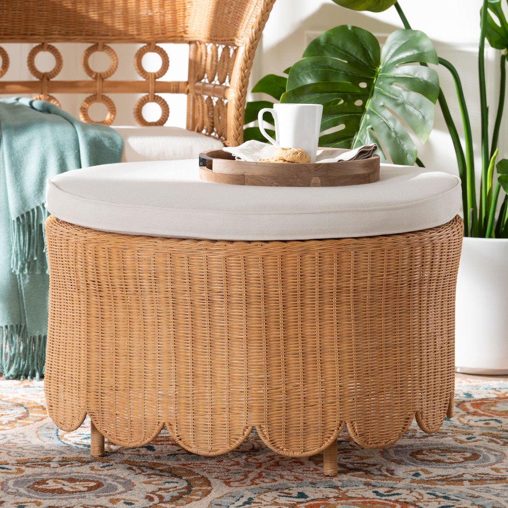 Teresa Bohemian Light Honey Scalloped Rattan Ottoman. Picture 4