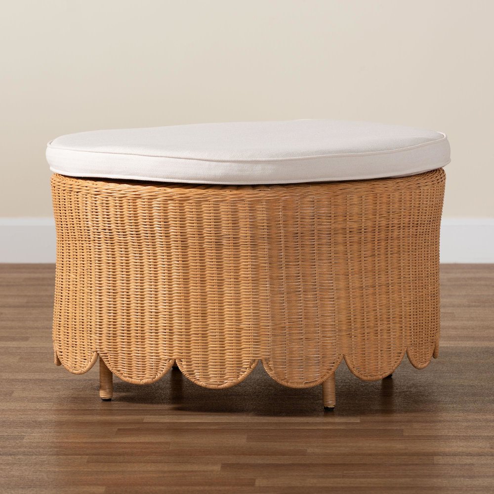 Teresa Bohemian Light Honey Scalloped Rattan Ottoman. Picture 5