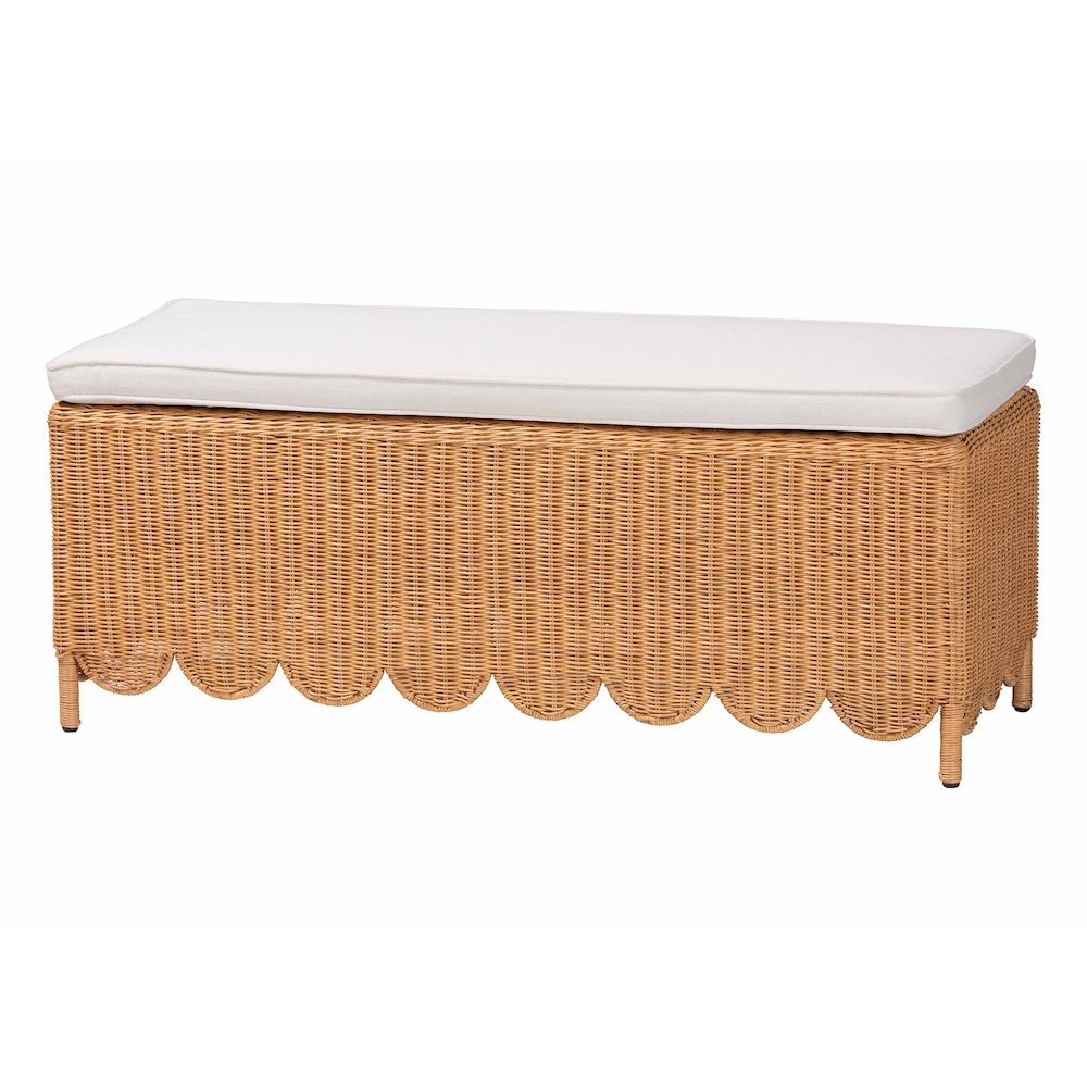 Teresa Bohemian Light Honey Scalloped Rattan Ottoman Bench. Picture 1