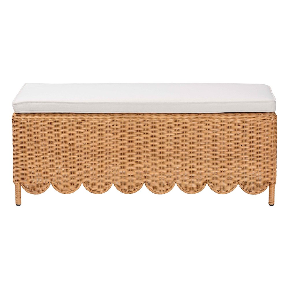 Teresa Bohemian Light Honey Scalloped Rattan Ottoman Bench. Picture 2