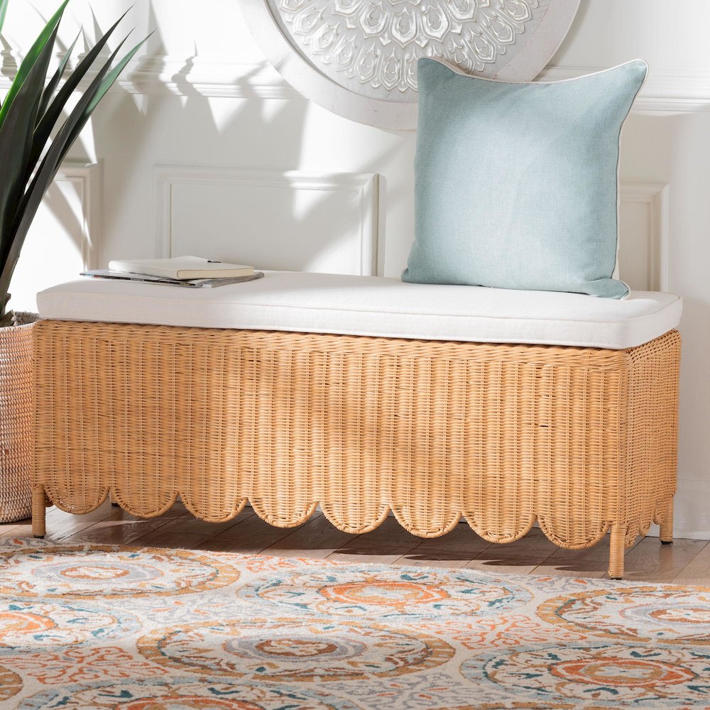 Teresa Bohemian Light Honey Scalloped Rattan Ottoman Bench. Picture 6