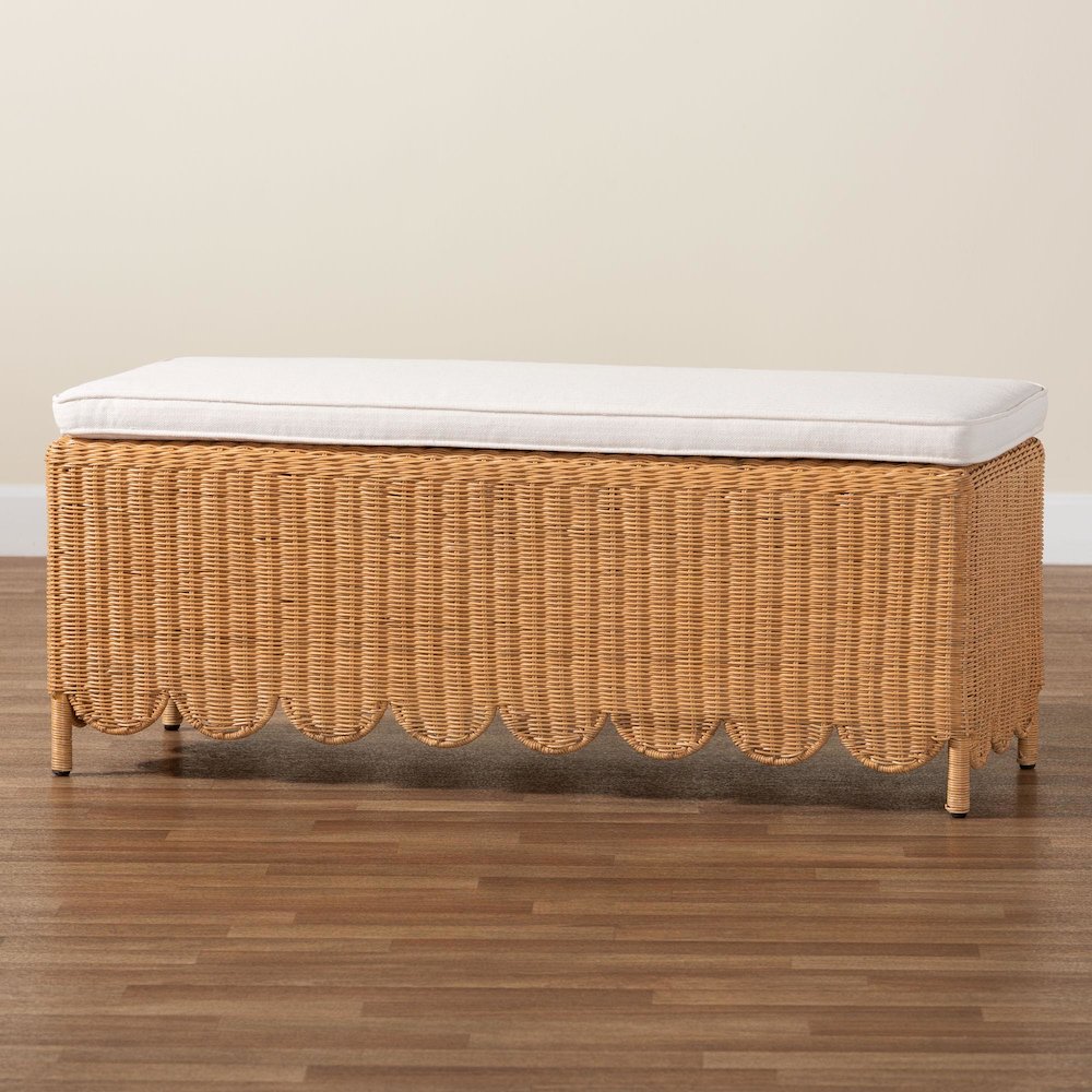 Teresa Bohemian Light Honey Scalloped Rattan Ottoman Bench. Picture 7
