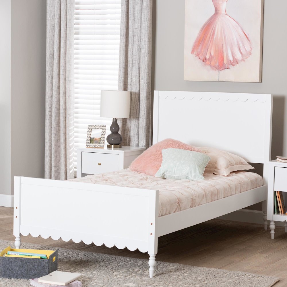 Roni Modern White Wood Twin Platform Bed with Scalloped Edges. Picture 7