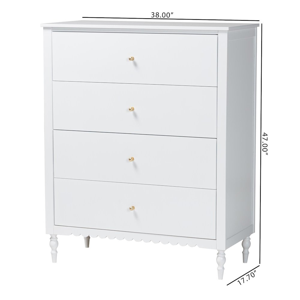 Roni Modern White Wood 4-Drawer Chest with Scalloped Edges. Picture 10