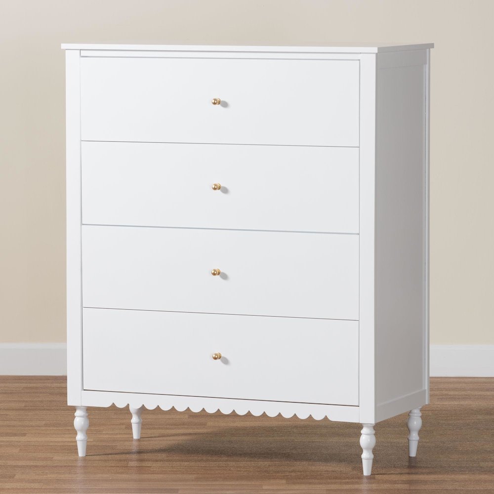 Roni Modern White Wood 4-Drawer Chest with Scalloped Edges. Picture 9