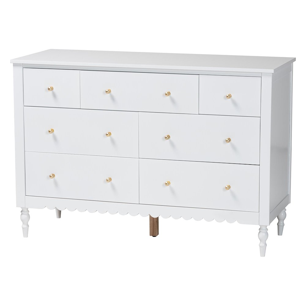Roni Modern White Wood 7-Drawer Dresser with Scalloped Edges. Picture 1