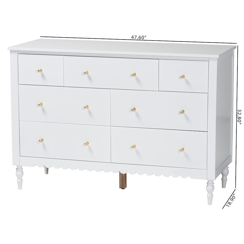 Roni Modern White Wood 7-Drawer Dresser with Scalloped Edges. Picture 10