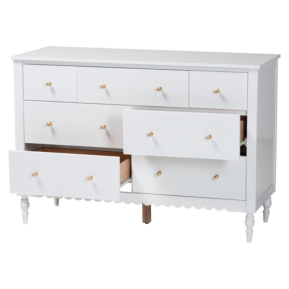 Roni Modern White Wood 7-Drawer Dresser with Scalloped Edges. Picture 2