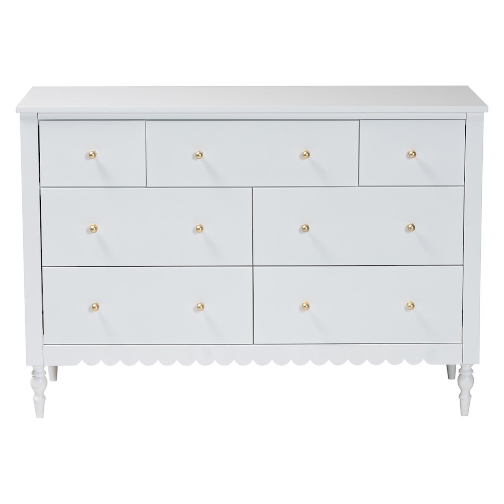 Roni Modern White Wood 7-Drawer Dresser with Scalloped Edges. Picture 3