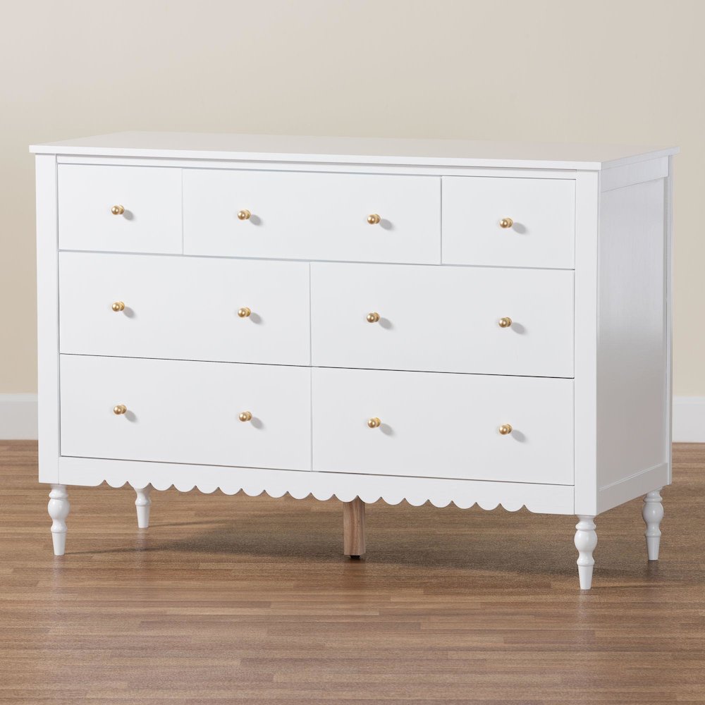 Roni Modern White Wood 7-Drawer Dresser with Scalloped Edges. Picture 9