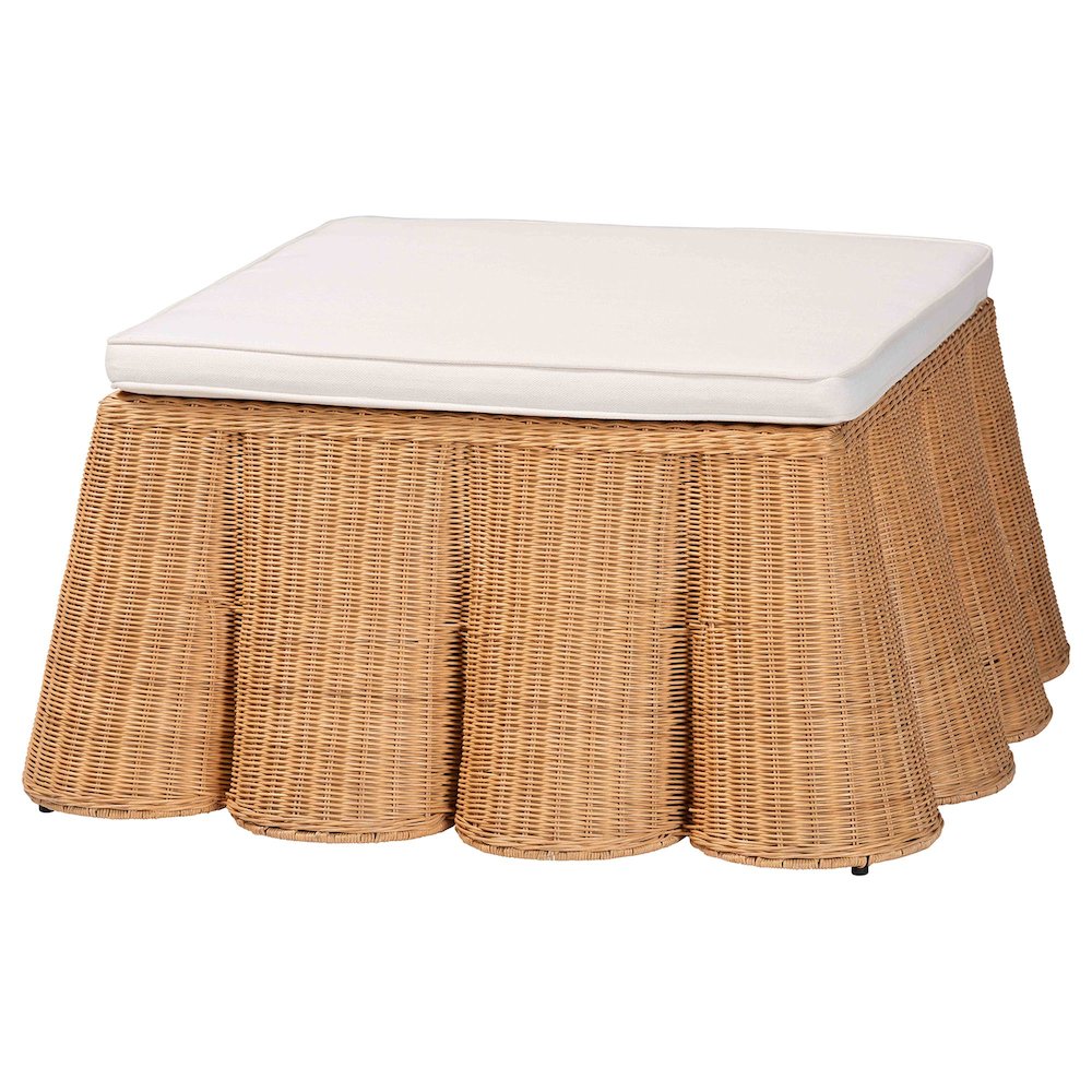 Palm Scallop Natural Rattan Ottoman with Cushion. Picture 1