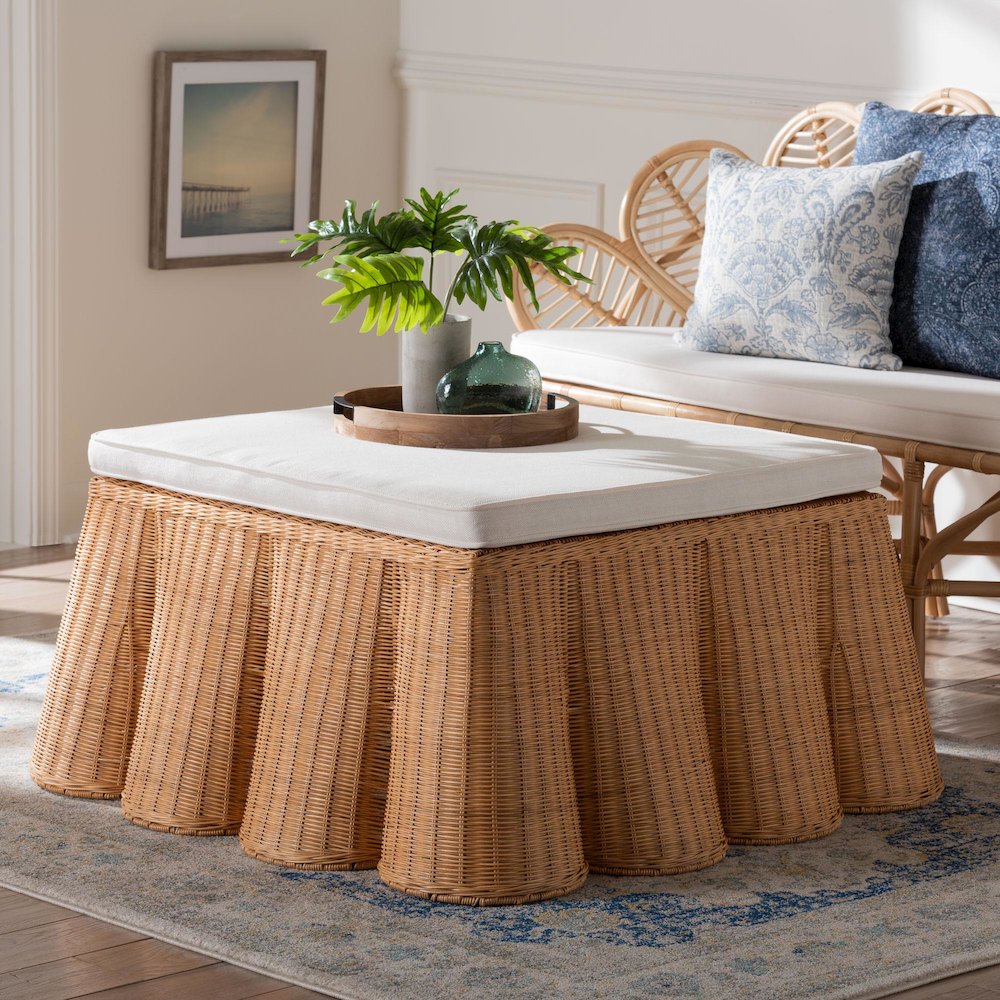 Palm Scallop Natural Rattan Ottoman with Cushion. Picture 6