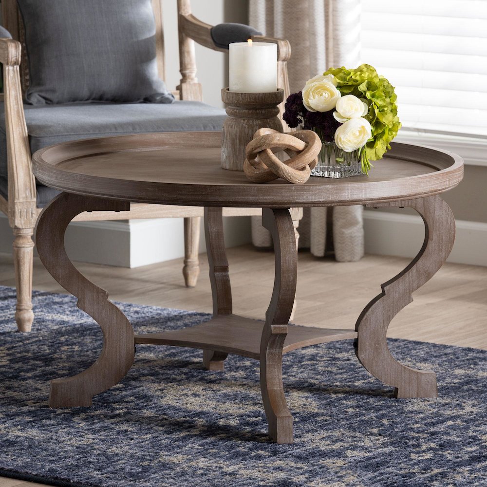 Madrona French Country Antique Brown Wood Coffee Table. Picture 7
