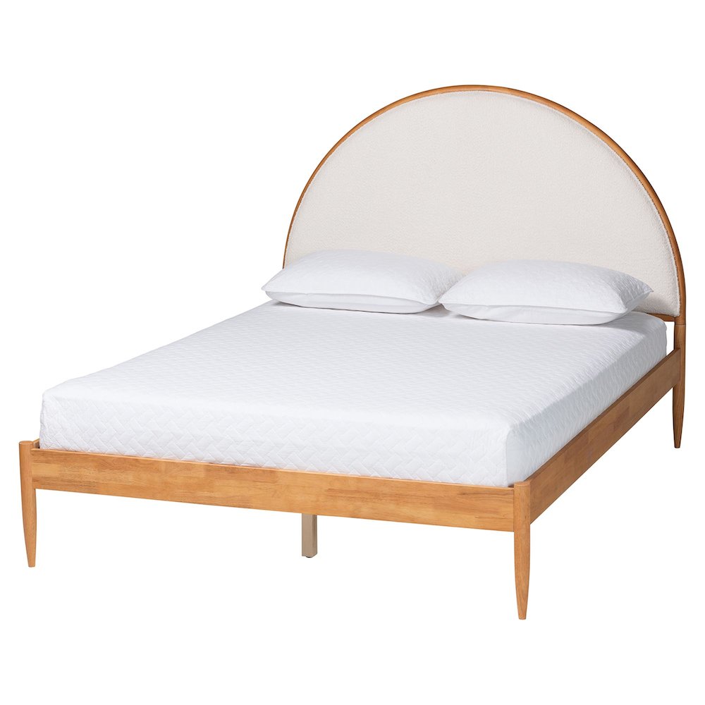 Dawson Japandi Cream Teddy Fabric and Oak Brown Wood Queen Bed. Picture 1