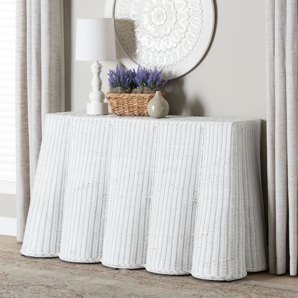 Palm Bohemian White Scallop Rattan Console Table. Picture 8