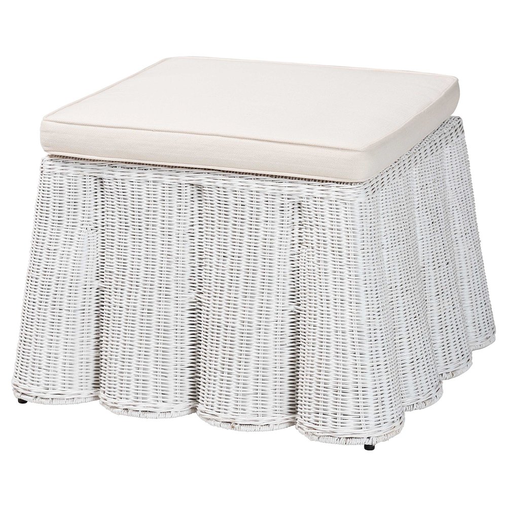 Palm Bohemian White Scallop Rattan Ottoman. Picture 1