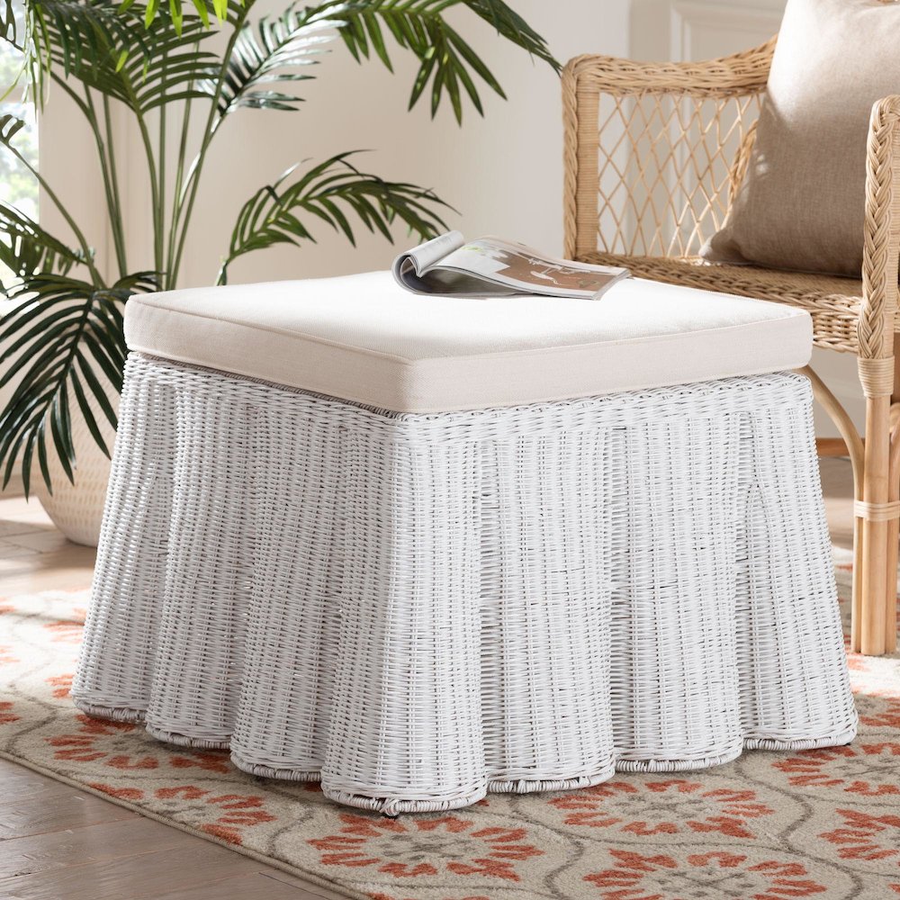 Palm Bohemian White Scallop Rattan Ottoman. Picture 5