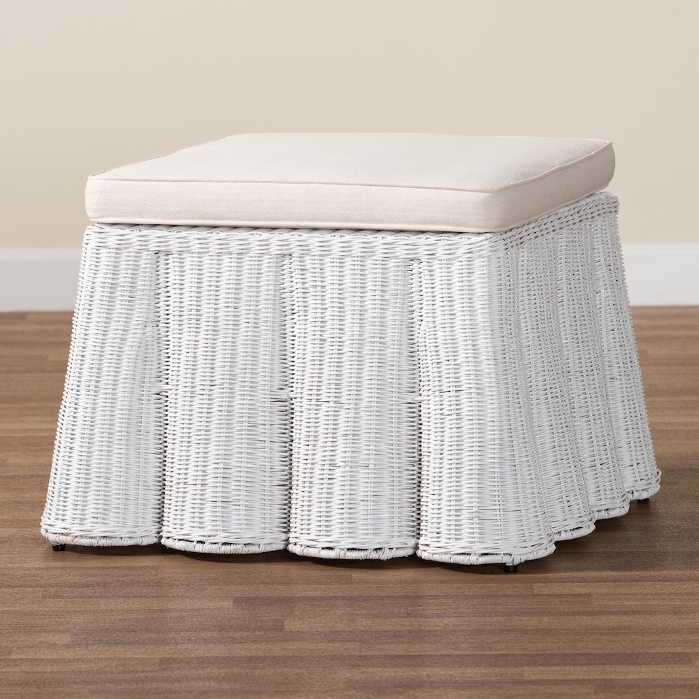 Palm Bohemian White Scallop Rattan Ottoman. Picture 6