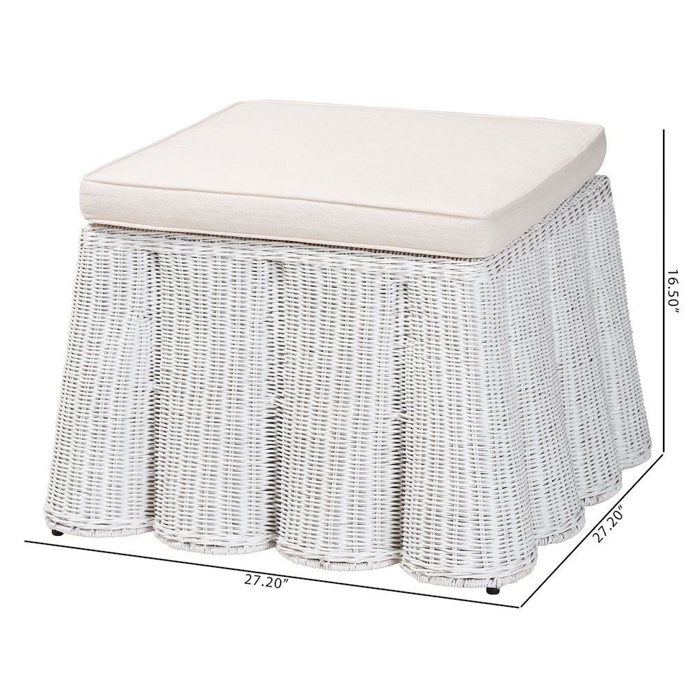 Palm Bohemian White Scallop Rattan Ottoman. Picture 7