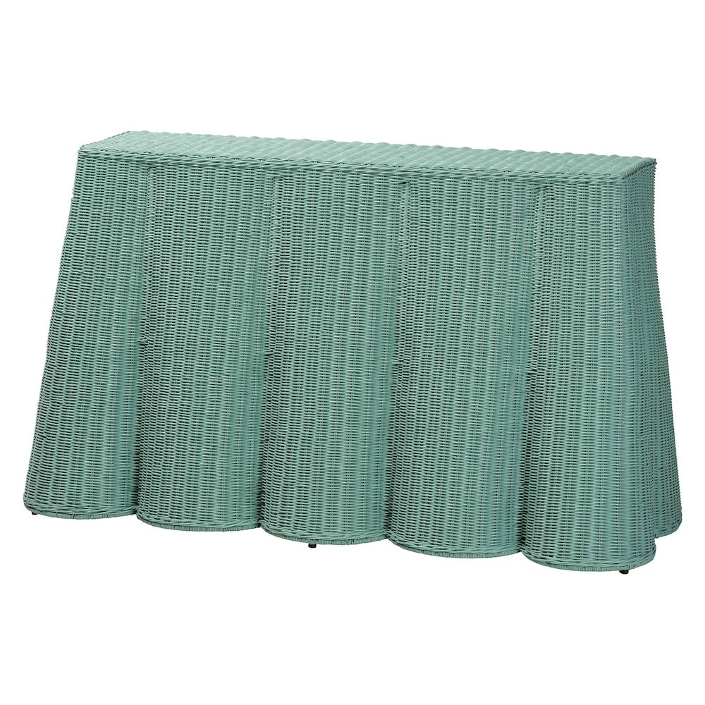 Palm Bohemian Seafoam Green Scallop Rattan Console Table. Picture 1