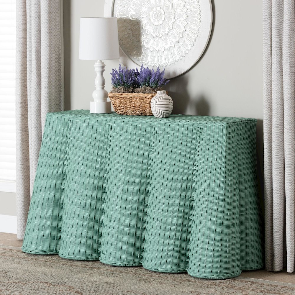 Palm Bohemian Seafoam Green Scallop Rattan Console Table. Picture 8