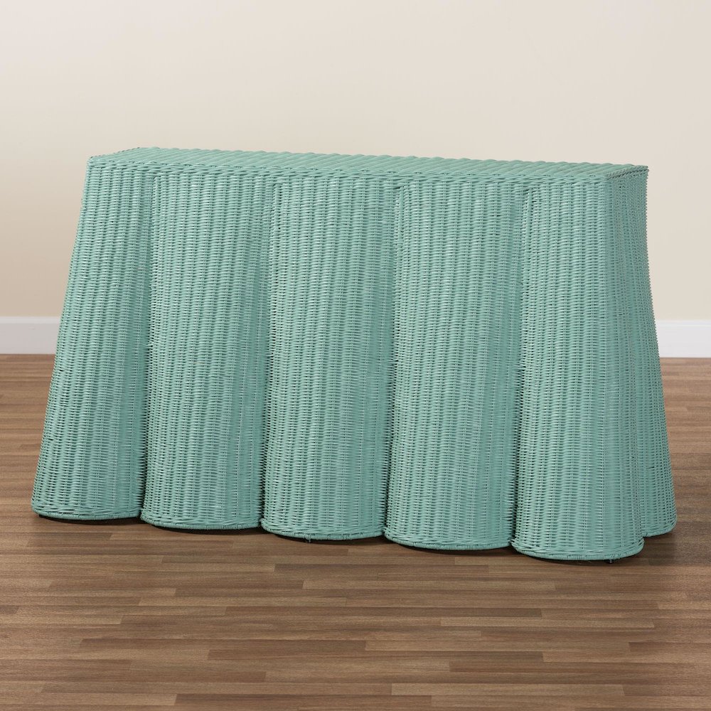 Palm Bohemian Seafoam Green Scallop Rattan Console Table. Picture 9