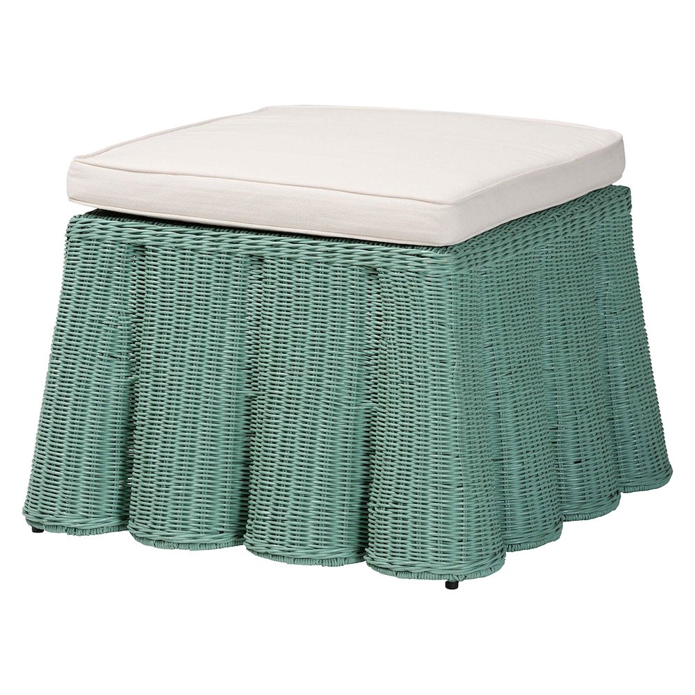 Palm Bohemian Seafoam Green Scallop Rattan Ottoman. Picture 1