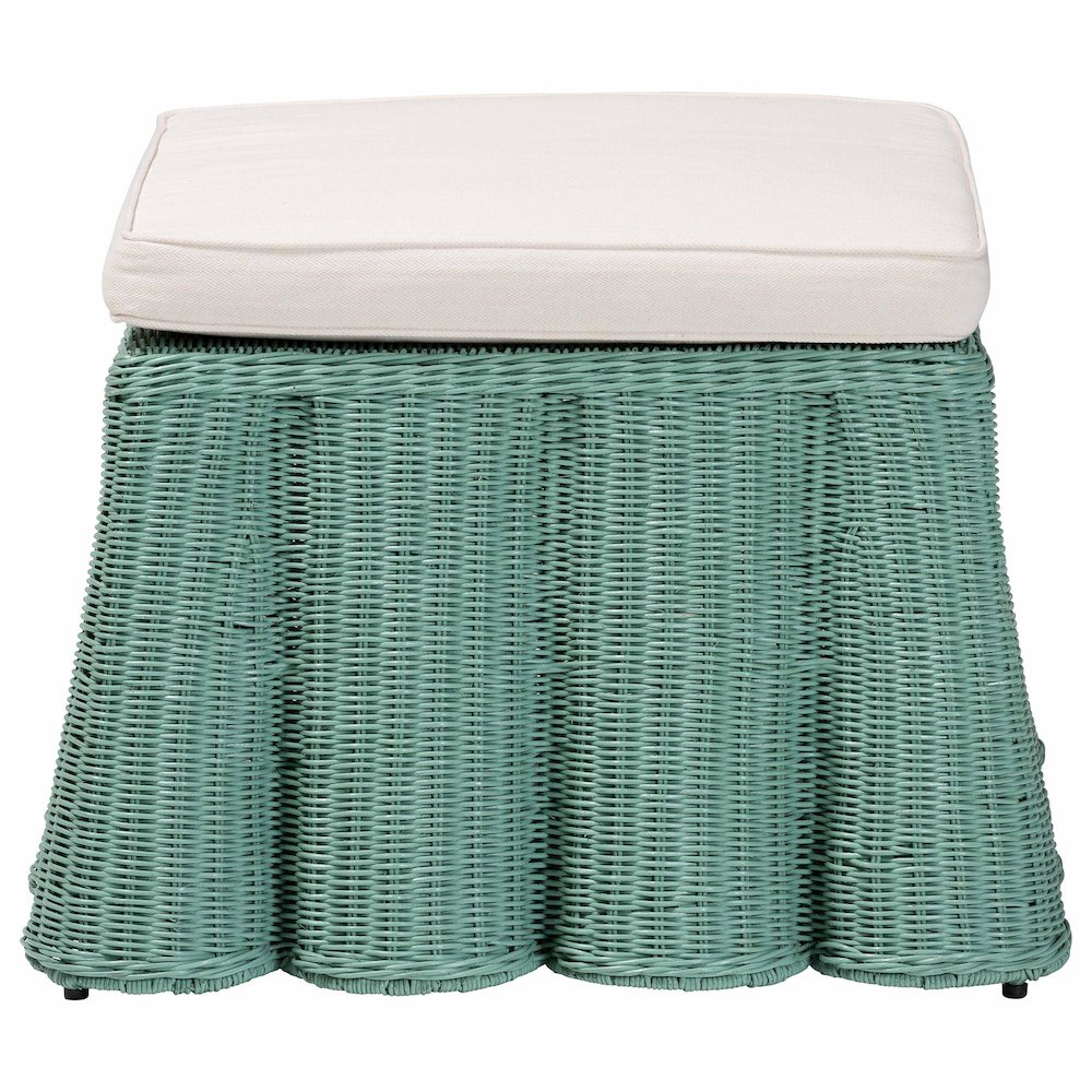 Palm Bohemian Seafoam Green Scallop Rattan Ottoman. Picture 2