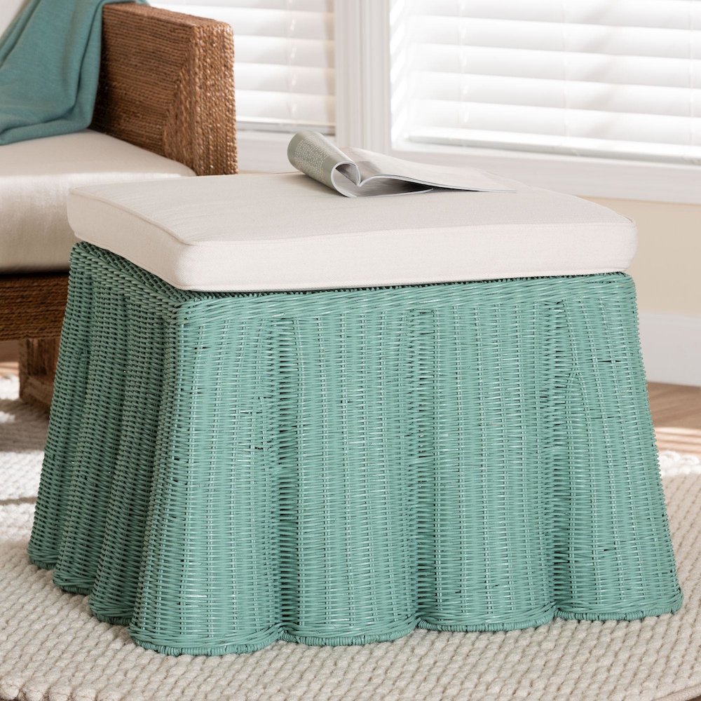Palm Bohemian Seafoam Green Scallop Rattan Ottoman. Picture 5