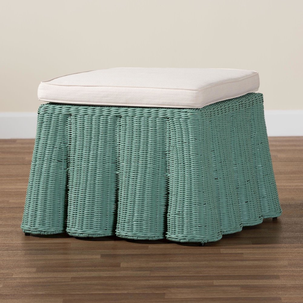 Palm Bohemian Seafoam Green Scallop Rattan Ottoman. Picture 6