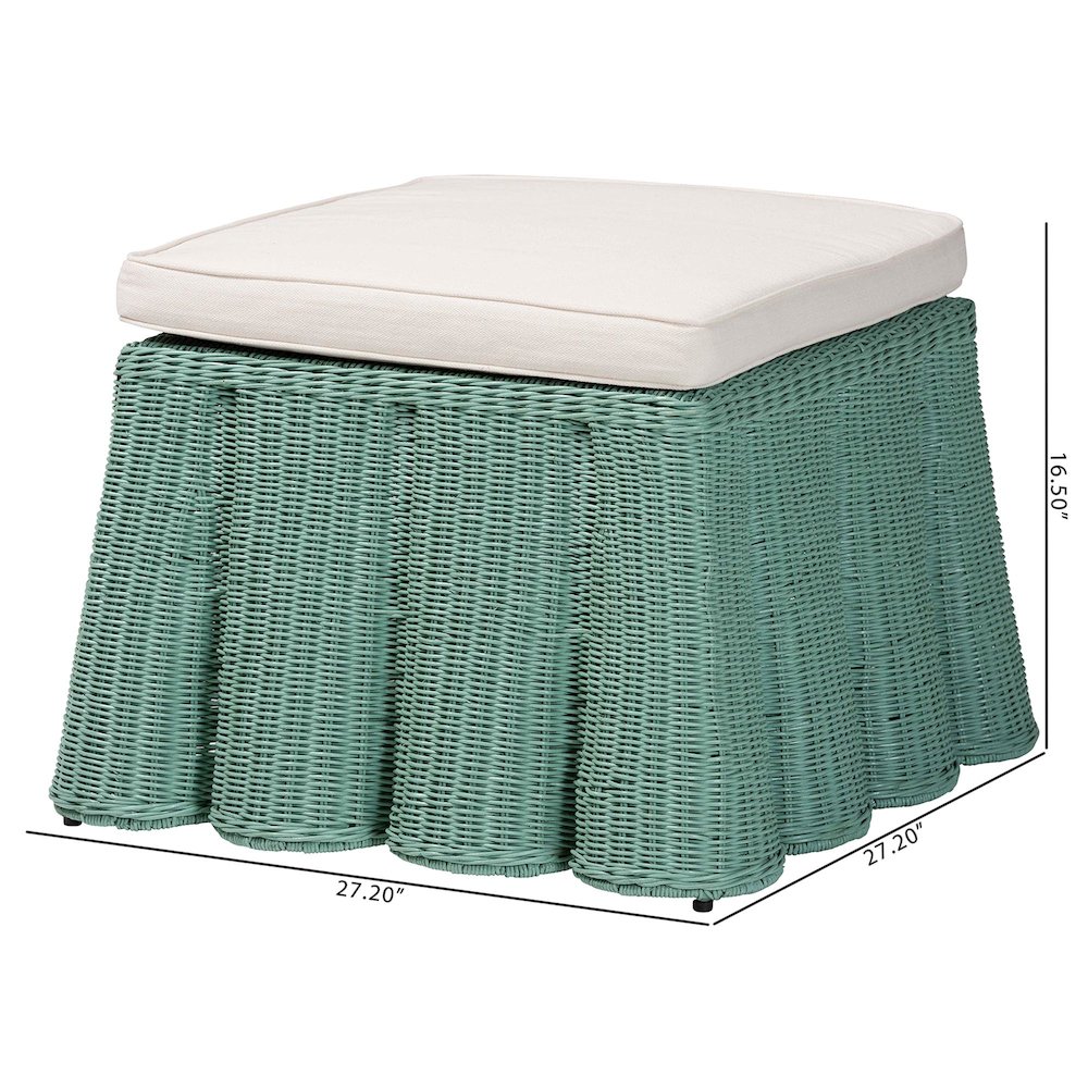 Palm Bohemian Seafoam Green Scallop Rattan Ottoman. Picture 7