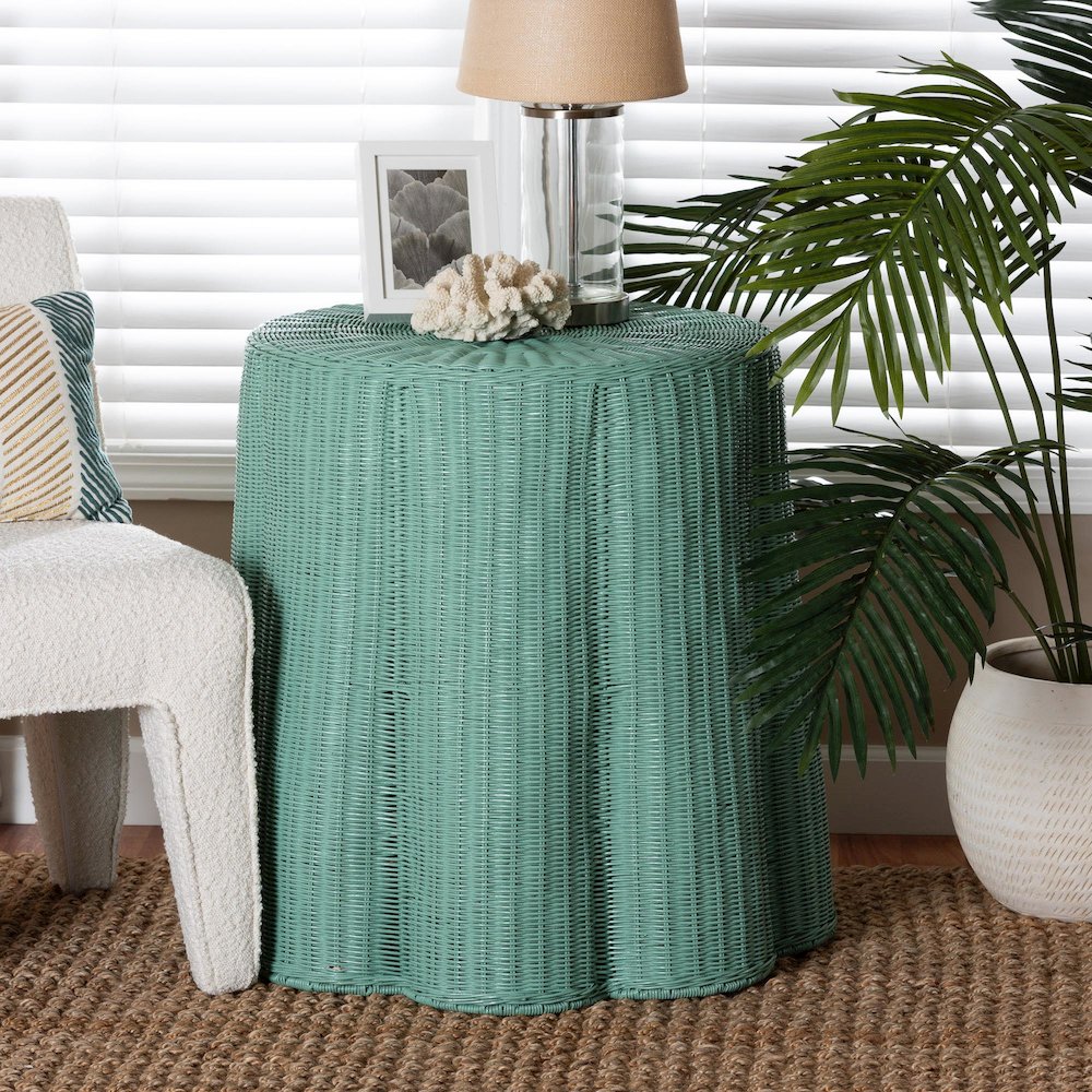 Palm Scallop Natural Rattan Console Table - Handwoven Wicker Round Accent Table. Picture 5
