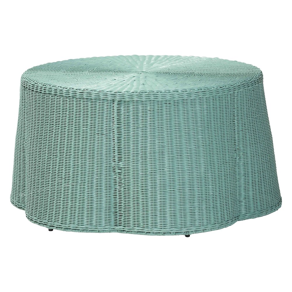Palm Bohemian Seafoam Green Scalloped Rattan Coffee Table. Picture 1
