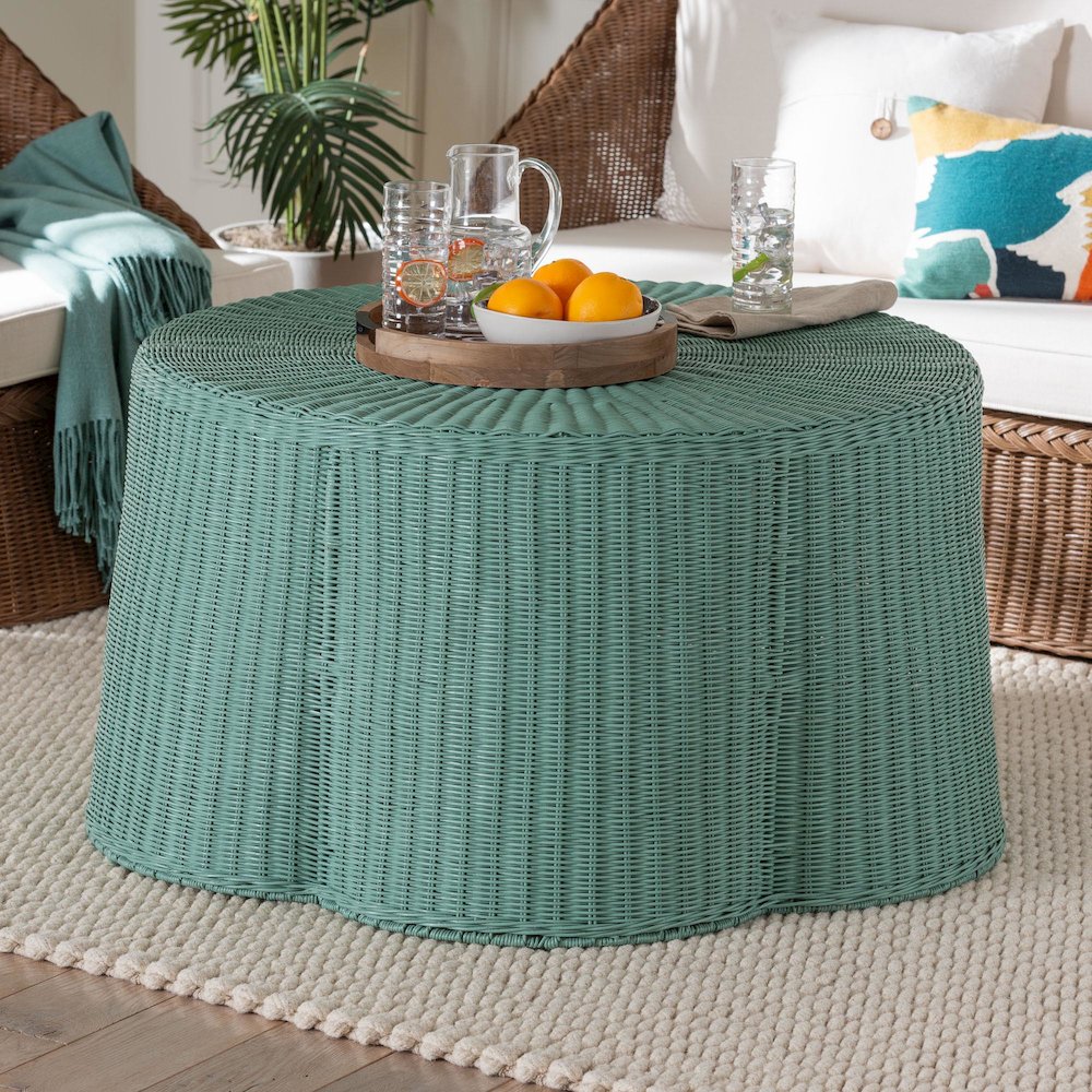 Palm Bohemian Seafoam Green Scalloped Rattan Coffee Table. Picture 4