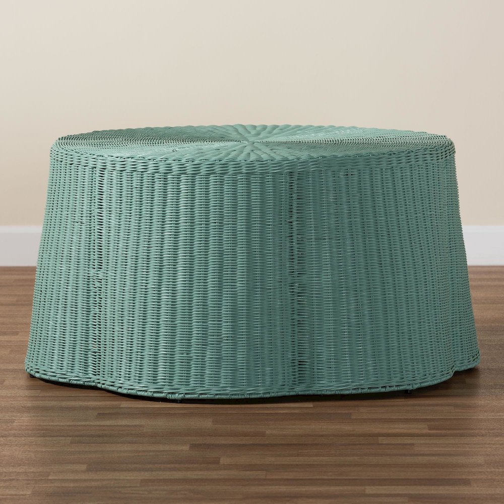 Palm Bohemian Seafoam Green Scalloped Rattan Coffee Table. Picture 5
