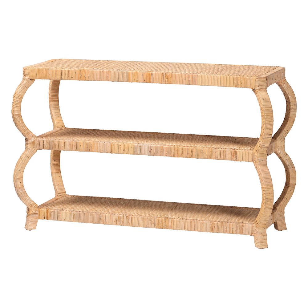 Dalida Bohemian Natural Rattan 3-Tier Console Table. Picture 1