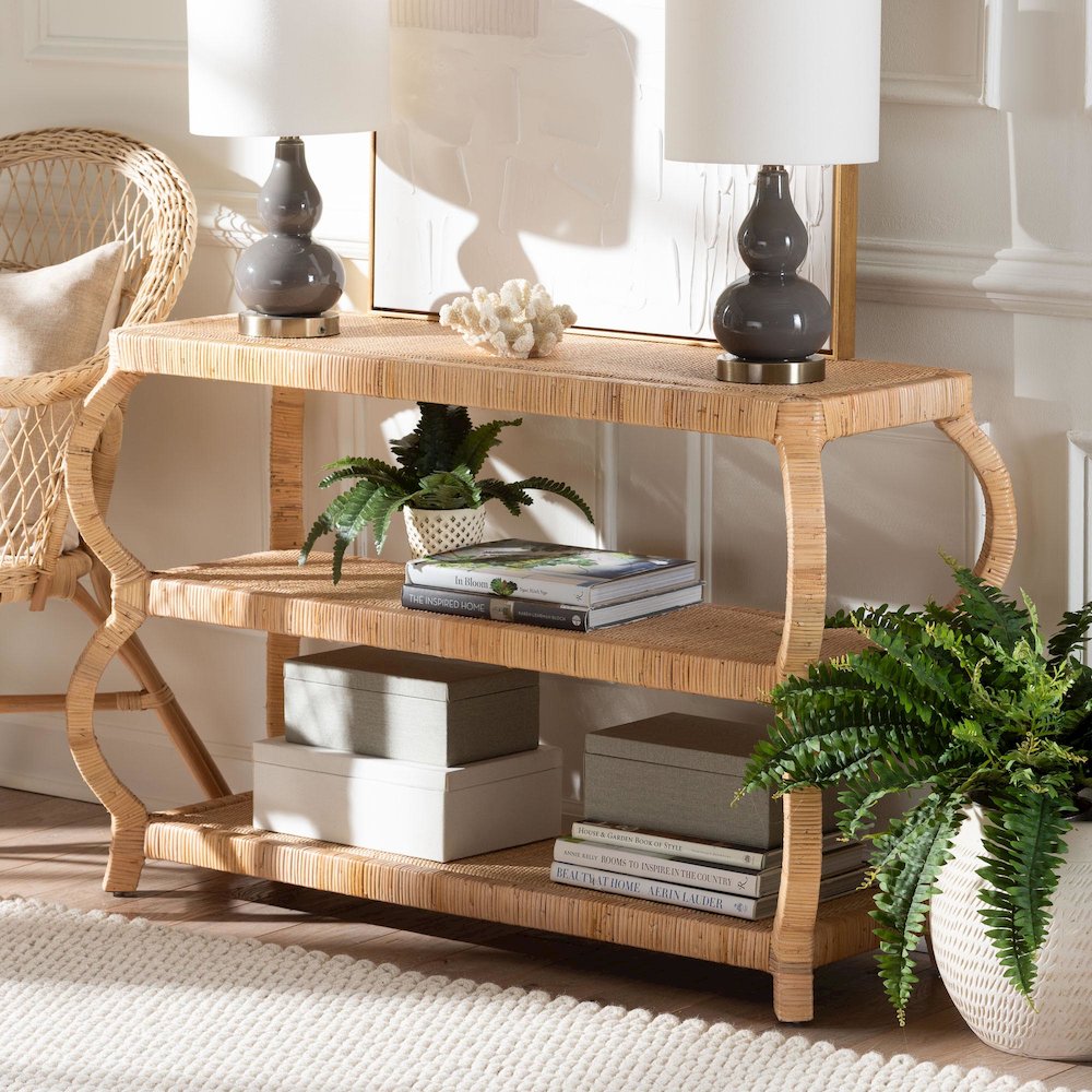 Dalida Bohemian Natural Rattan 3-Tier Console Table. Picture 5