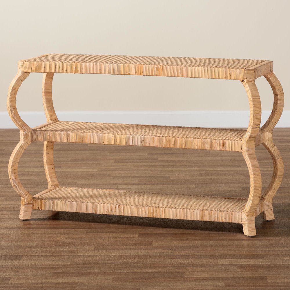 Dalida Bohemian Natural Rattan 3-Tier Console Table. Picture 6