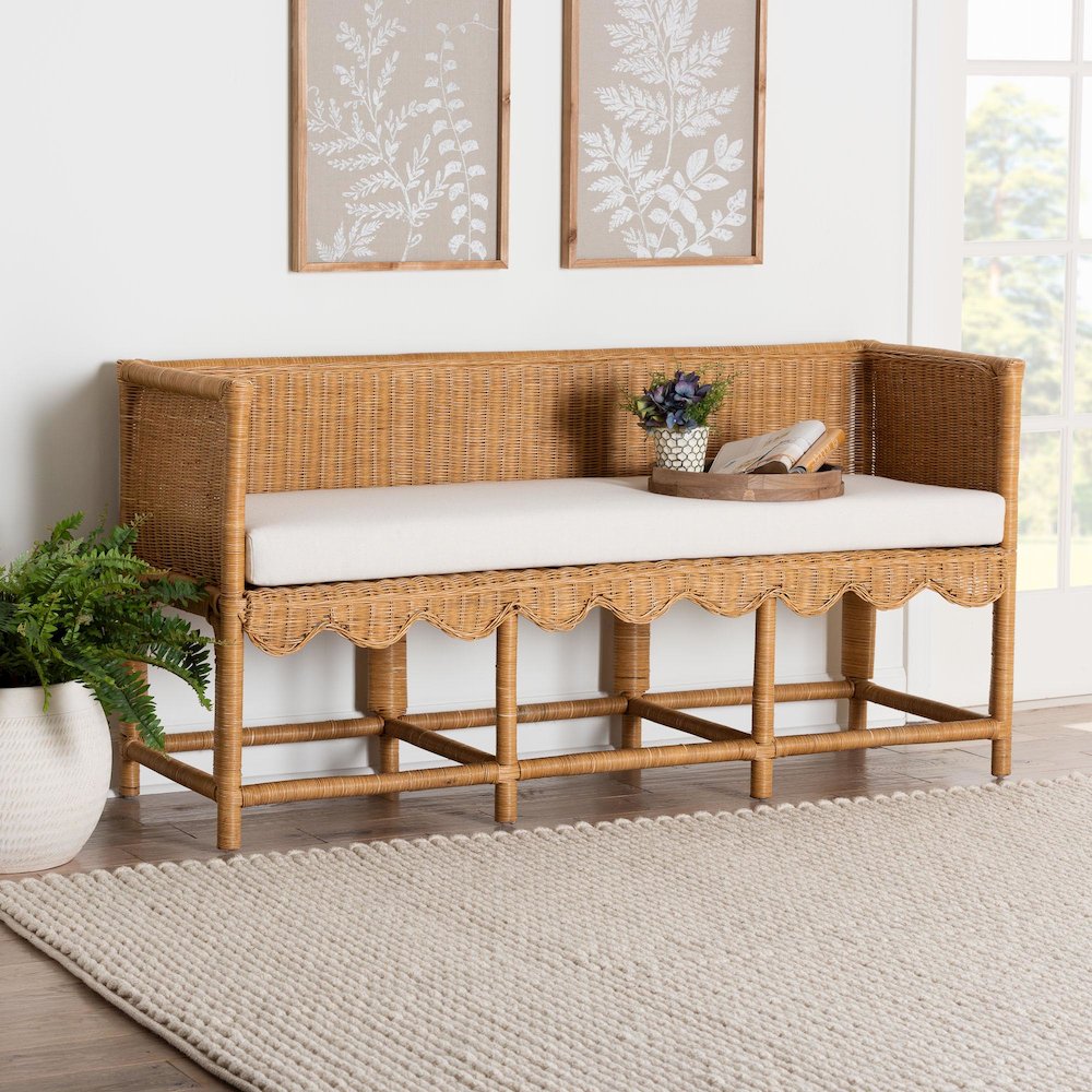 Seranay Bohemian Scallop Light Honey Rattan Accent Bench. Picture 8