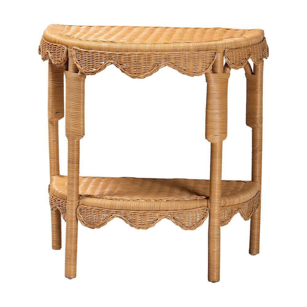 Paisley Bohemian Scallop Light Honey Rattan Console Table. Picture 1