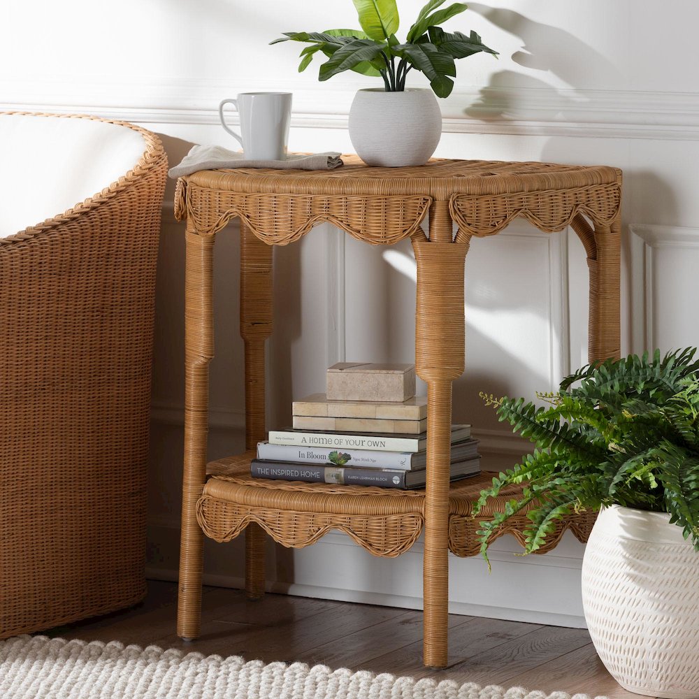 Paisley Bohemian Scallop Light Honey Rattan Console Table. Picture 8