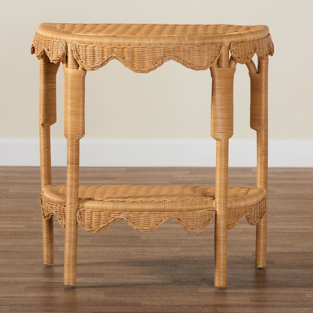 Paisley Bohemian Scallop Light Honey Rattan Console Table. Picture 9