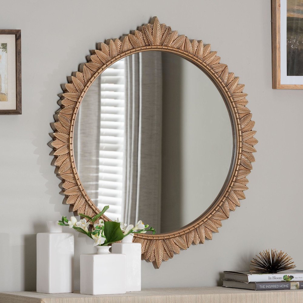 Baxton Studio Caitlin Antique Gold Finished Wood Round Accent Wall Mirror. Picture 3