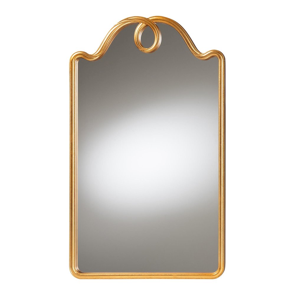 Elian Gold Wall Mirror with Decorative Top – Elegant Rectangular Accent Mirror for Entryway, Living Room, or Bedroom. Picture 1