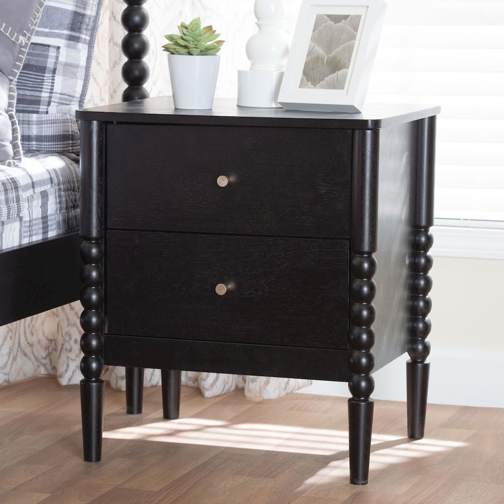 Lucera Mid-Century Black 2-Drawer Bobbin Nightstand. Picture 8