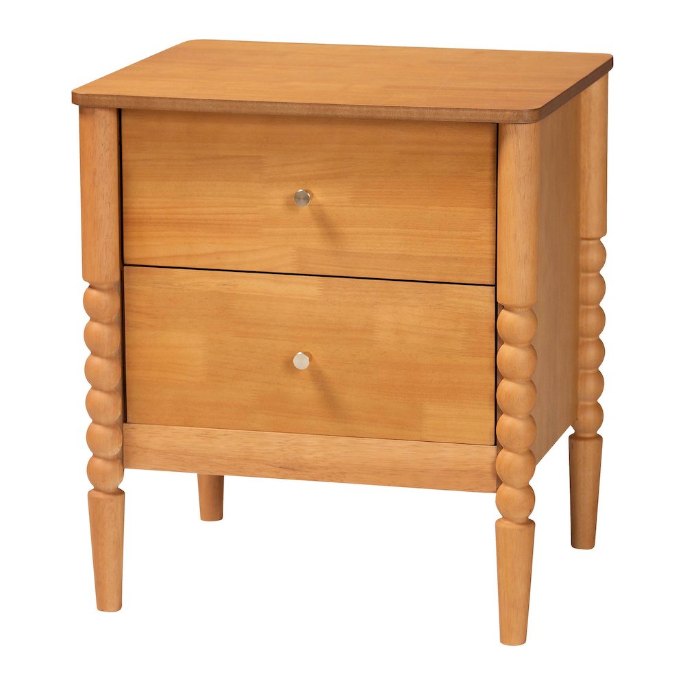 Lucera Mid-Century Oak Brown 2-Drawer Bobbin Nightstand. Picture 1