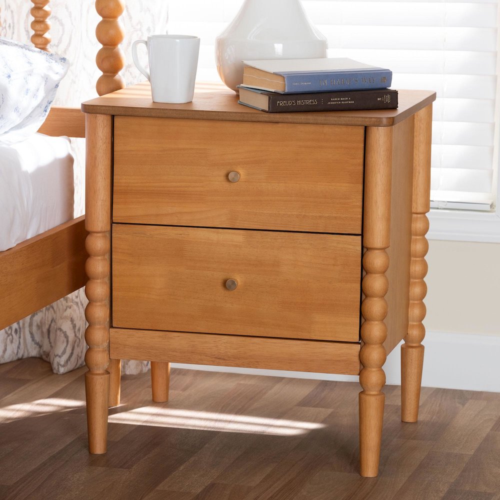 Lucera Mid-Century Oak Brown 2-Drawer Bobbin Nightstand. Picture 8