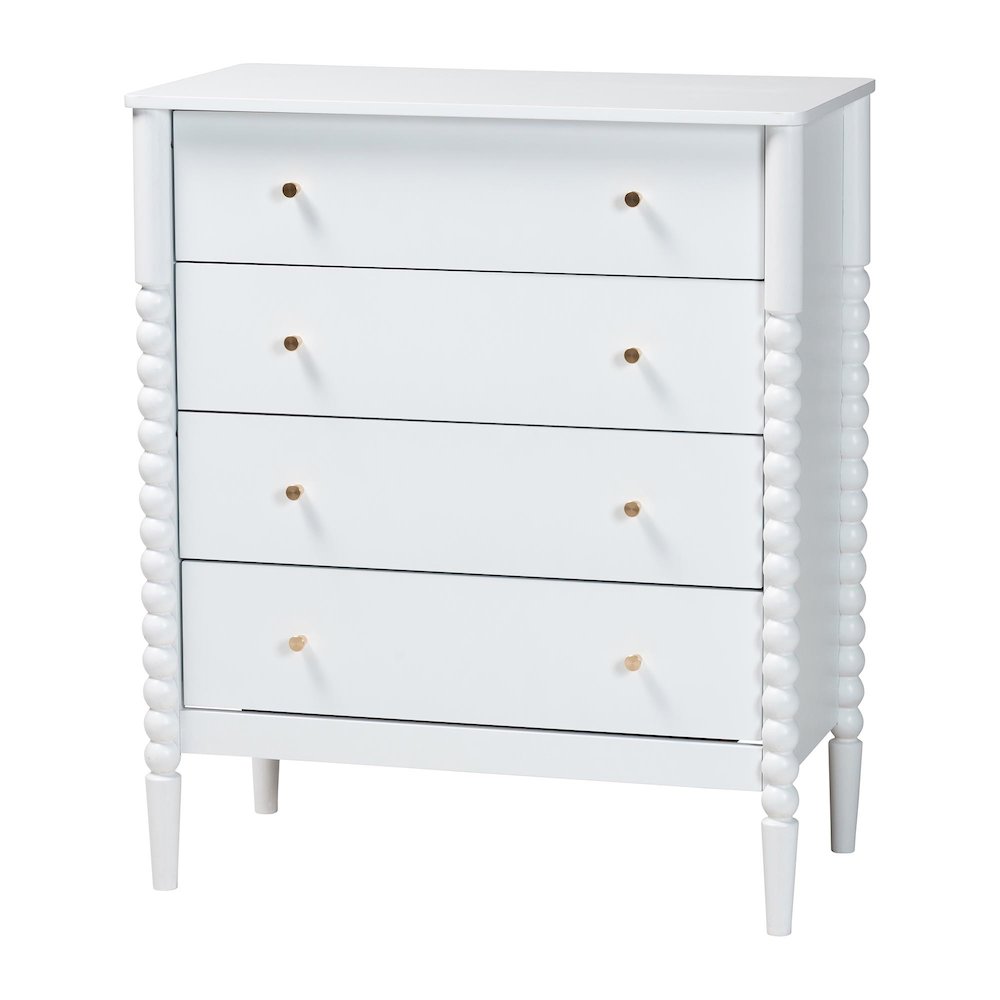 Lucera Mid-Century White Bobbin Wood 4-Drawer Chest. Picture 1