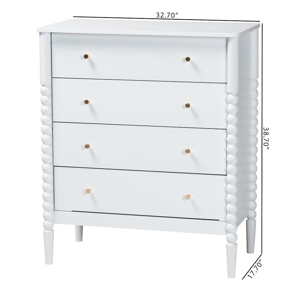 Lucera Mid-Century White Bobbin Wood 4-Drawer Chest. Picture 10